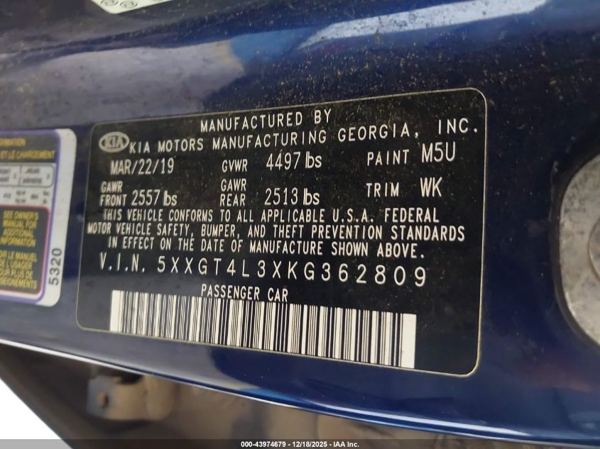 2019 Kia Optima S VIN: 5XXGT4L3XKG362809 Lot: 43974679