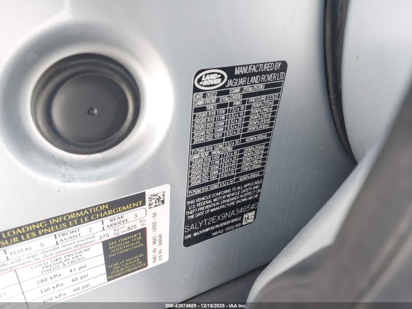 2022 Land Rover Range Rover Velar P250 R-Dynamic S VIN: SALYT2EX9NA346540 Lot: 43974689