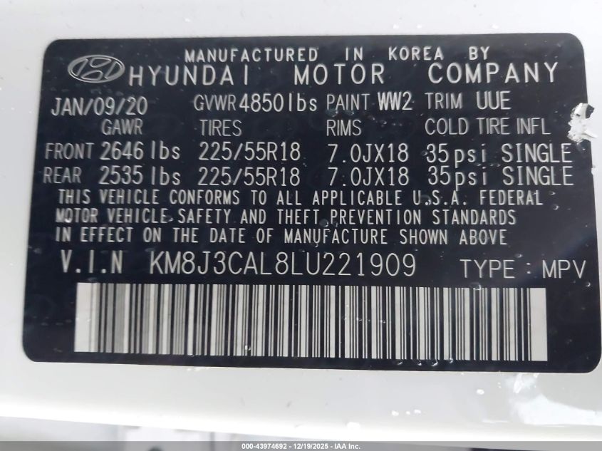 2020 Hyundai Tucson Limited VIN: KM8J3CAL8LU221909 Lot: 43974692