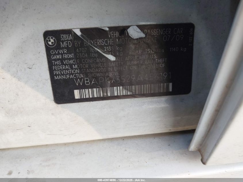 2009 BMW 328I xDrive VIN: WBAPK73529A456191 Lot: 43974696