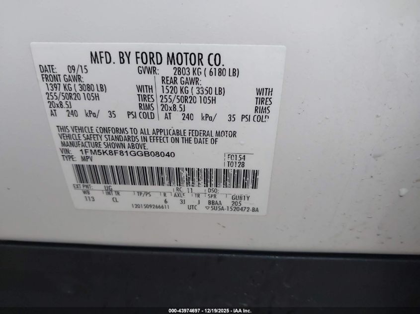 2016 Ford Explorer Limited VIN: 1FM5K8F81GGB08040 Lot: 43974697