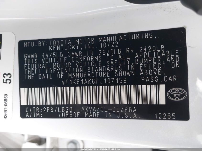 2023 Toyota Camry Xse VIN: 4T1K61AK6PU107159 Lot: 43974701