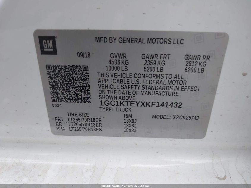 2019 Chevrolet Silverado 2500Hd Ltz VIN: 1GC1KTEYXKF141432 Lot: 43974706