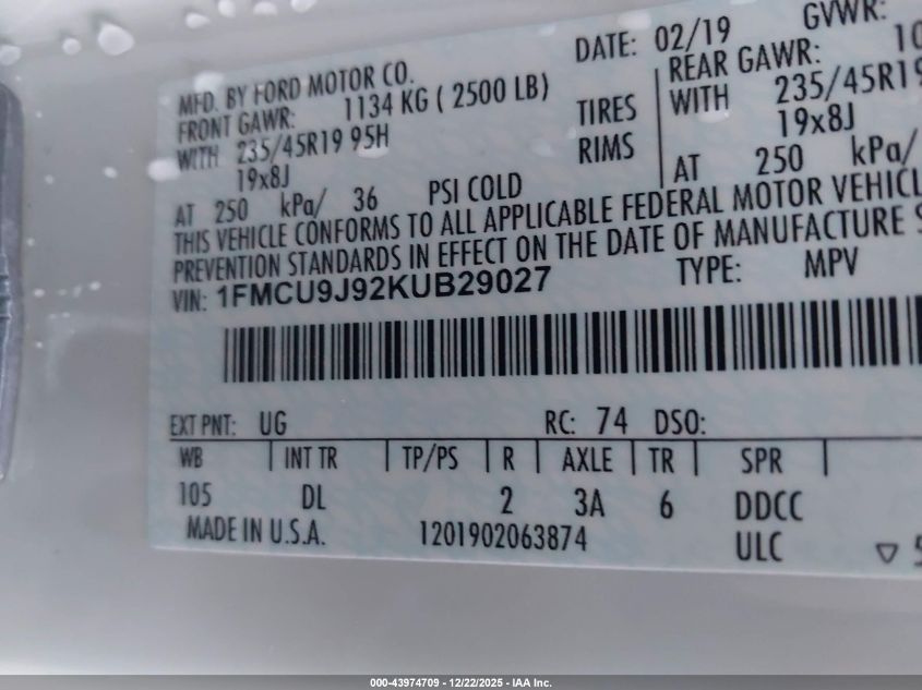 2019 Ford Escape Titanium VIN: 1FMCU9J92KUB29027 Lot: 43974709