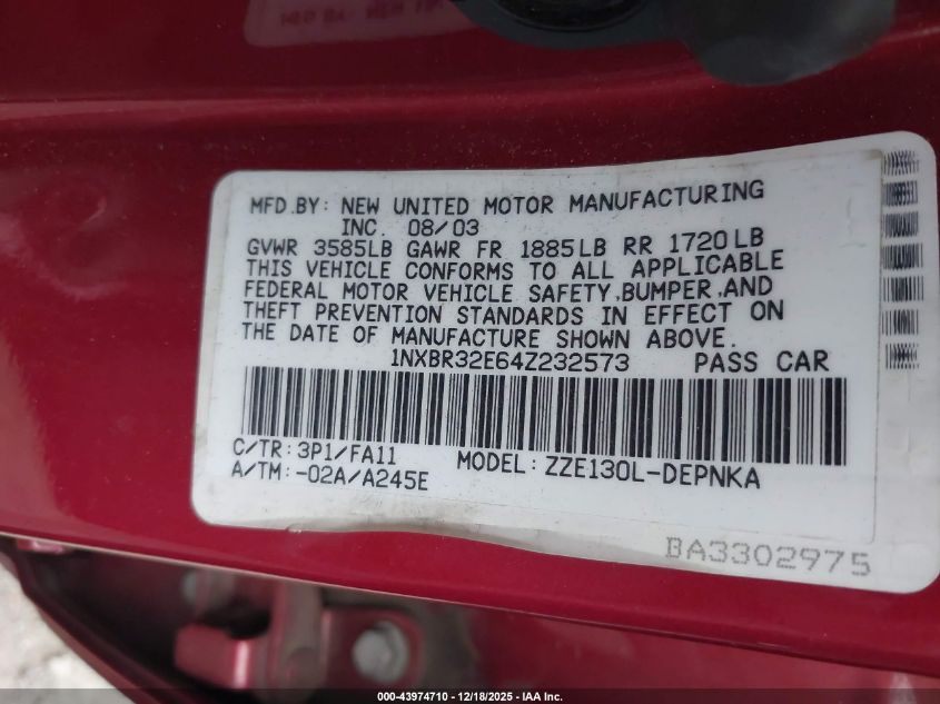 2004 Toyota Corolla Le VIN: 1NXBR32E64Z232573 Lot: 43974710