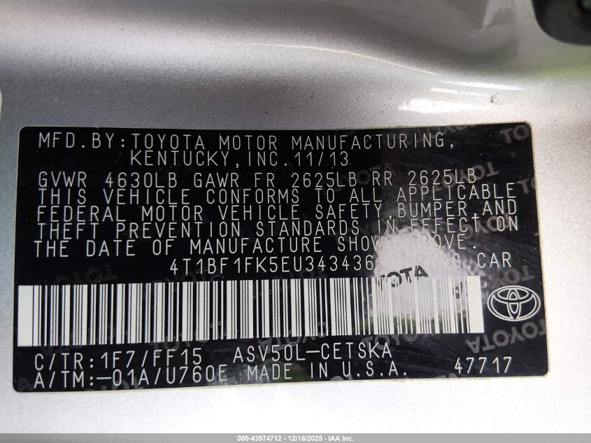 2014 Toyota Camry Se VIN: 4T1BF1FK5EU343436 Lot: 43974712