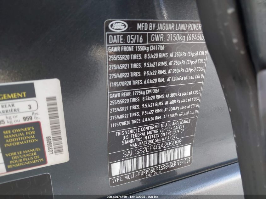 2016 Land Rover Range Rover 5.0L V8 Supercharged VIN: SALGS2EF4GA295098 Lot: 43974719