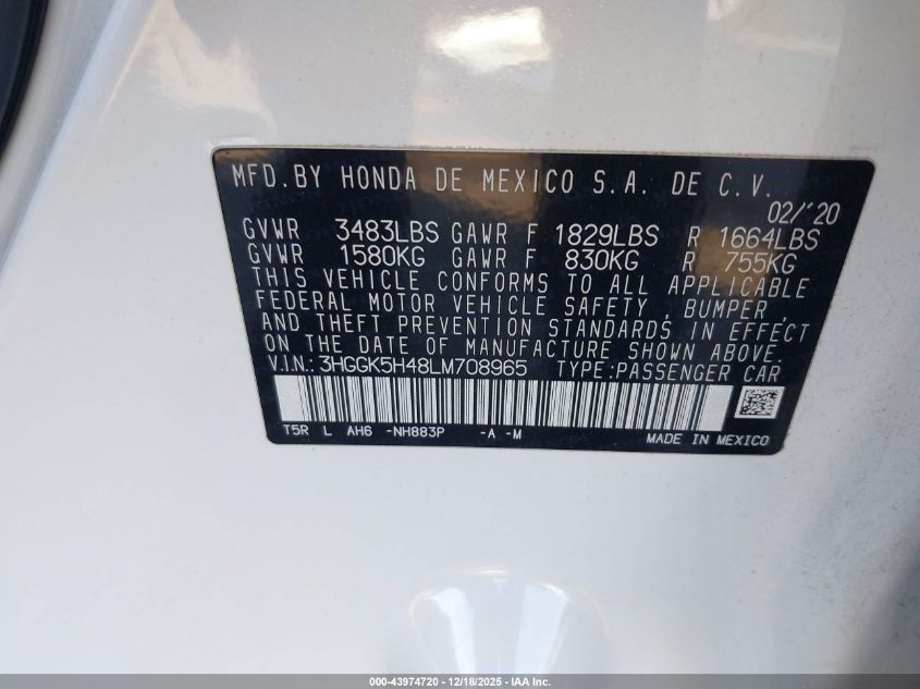 2020 Honda Fit Lx VIN: 3HGGK5H48LM708965 Lot: 43974720