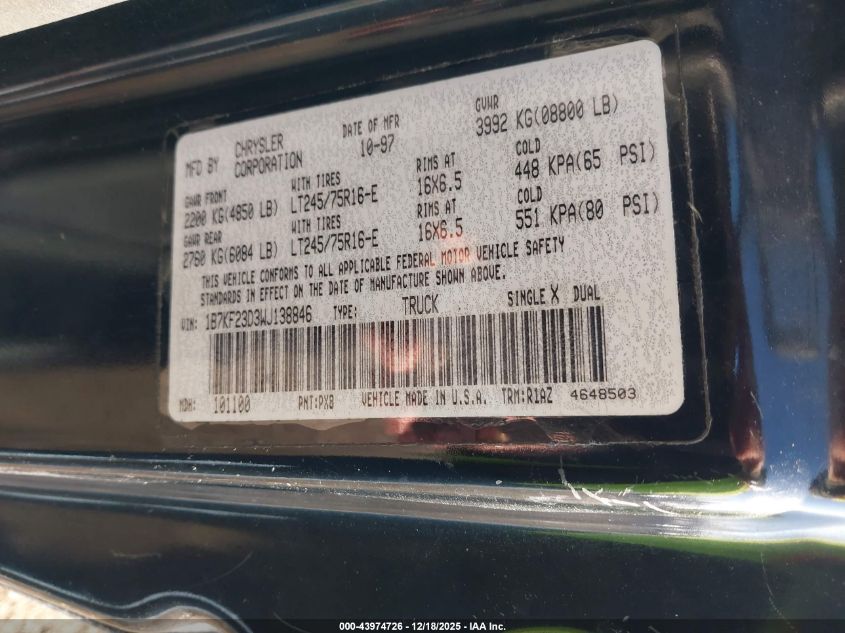 1998 Dodge Ram 2500 St VIN: 1B7KF23D3WJ138846 Lot: 43974726