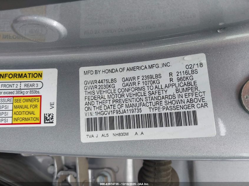 2018 Honda Accord Touring VIN: 1HGCV1F95JA119735 Lot: 43974735