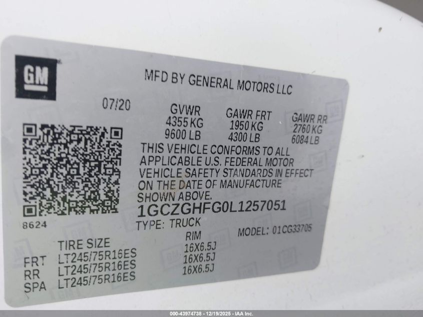 2020 Chevrolet Express Cargo Rwd 3500 Extended Wheelbase Wt VIN: 1GCZGHFG0L1757051 Lot: 43974738