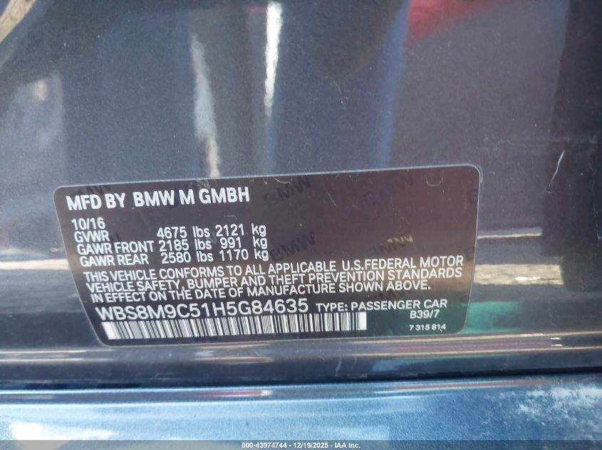 2017 BMW M3 VIN: WBS8M9C51H5G84635 Lot: 43974744