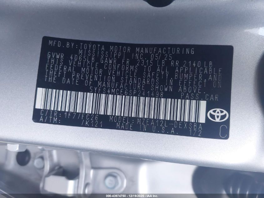 2025 Toyota Corolla Se VIN: 5YFS4MCE6SP241498 Lot: 43974750