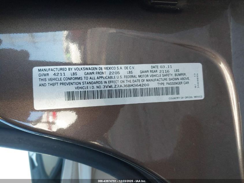 2011 Volkswagen Jetta 2.5L Sel VIN: 3VWLZ7AJ6BM364200 Lot: 43974751