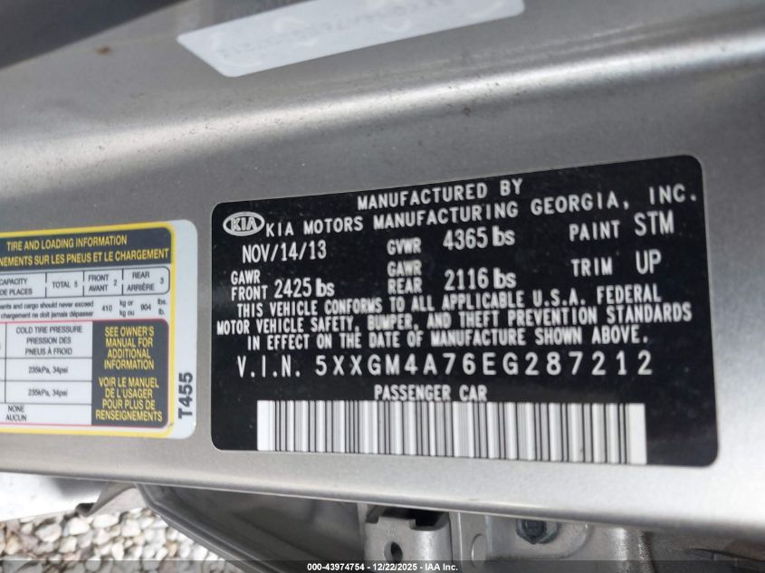 2014 Kia Optima Lx VIN: 5XXGM4A76EG287212 Lot: 43974754