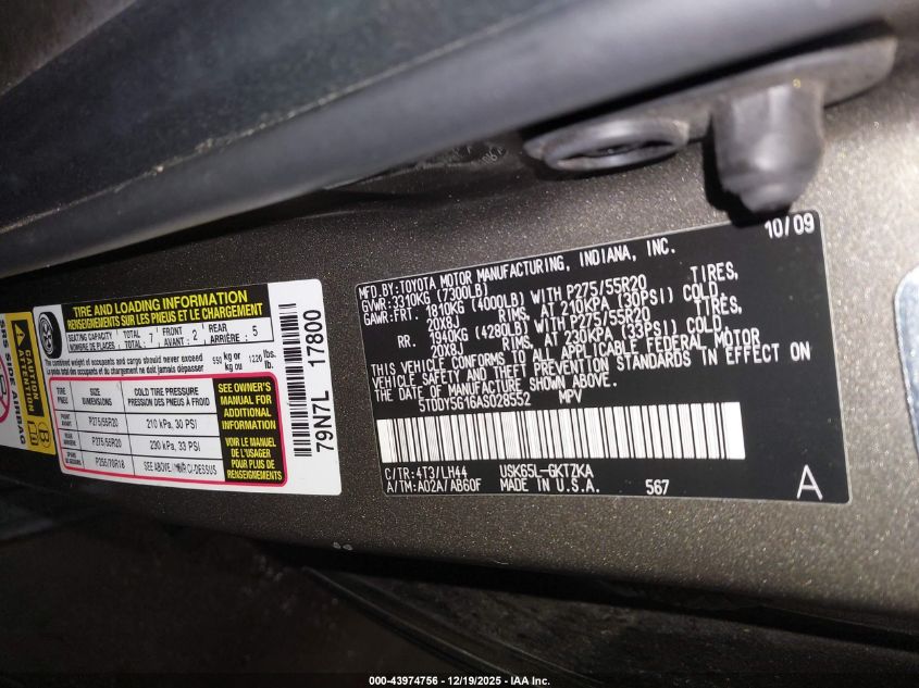 2010 Toyota Sequoia Platinum 5.7L V8 VIN: 5TDDY5G16AS028552 Lot: 43974756