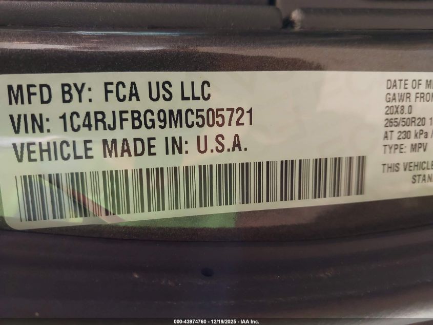 2021 Jeep Grand Cherokee 80Th Anniversary 4X4 VIN: 1C4RJFBG9MC505721 Lot: 43974760