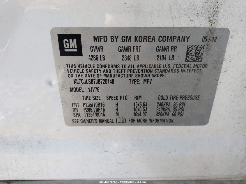 2018 Chevrolet Trax Lt VIN: KL7CJLSB7JB720148 Lot: 43974759