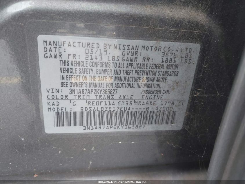 2019 Nissan Sentra S VIN: 3N1AB7AP2KY365827 Lot: 43974761