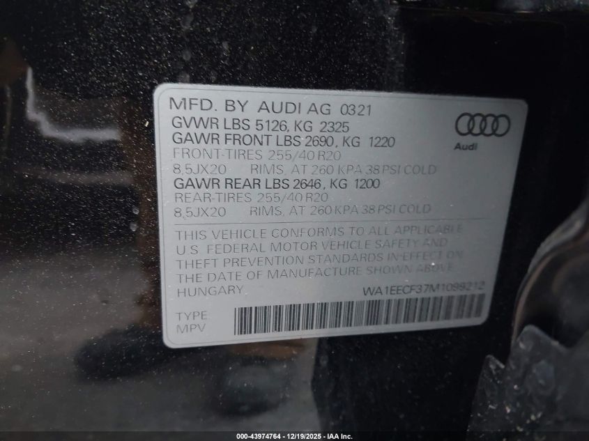 2021 Audi Q3 Premium Plus 45 Tfsi S Line Quattro Tiptronic VIN: WA1EECF37M1099212 Lot: 43974764