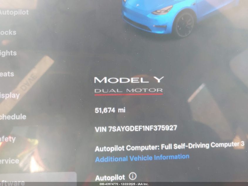 2022 Tesla Model Y Performance Dual Motor All-Wheel Drive VIN: 7SAYGDEF1NF375927 Lot: 43974770