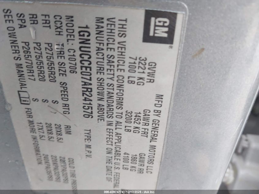 2010 Chevrolet Tahoe Ltz VIN: 1GNUCCE07AR241576 Lot: 43974774