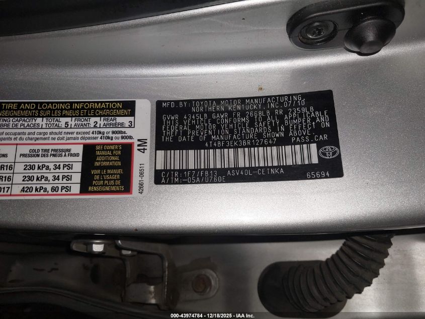 2011 Toyota Camry Le VIN: 4T4BF3EK3BR127647 Lot: 43974784