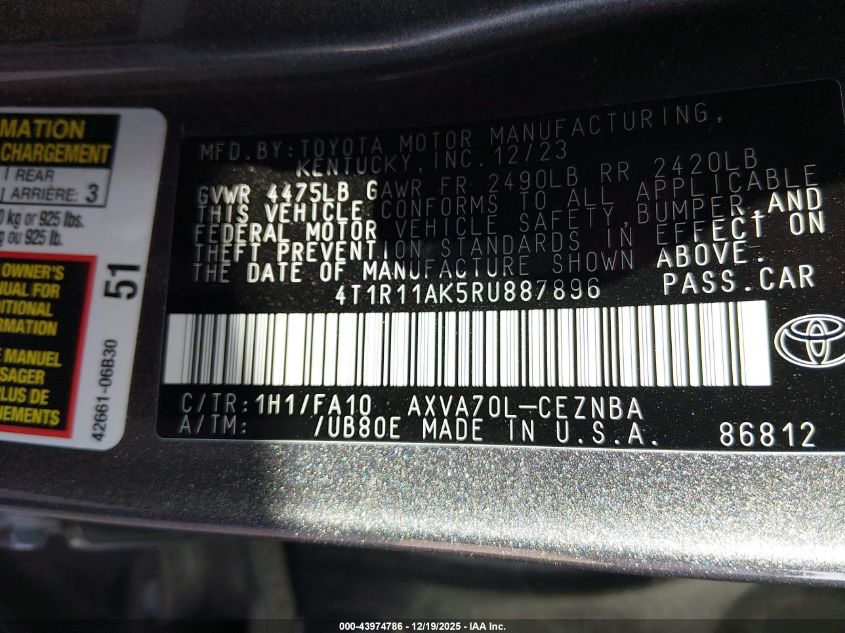 2024 Toyota Camry Le VIN: 4T1R11AK5RU887896 Lot: 43974786