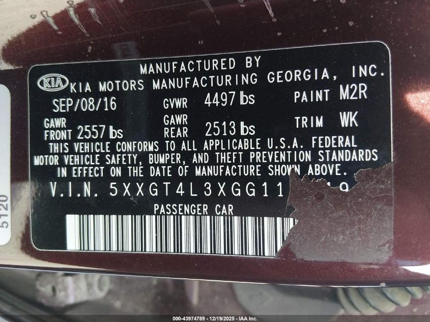 2016 Kia Optima Lx VIN: 5XXGT4L3XGG113949 Lot: 43974789