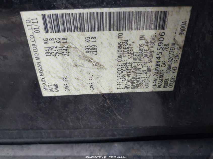 2011 Nissan Altima 2.5 S VIN: 1N4AL2APXBN455906 Lot: 43974797
