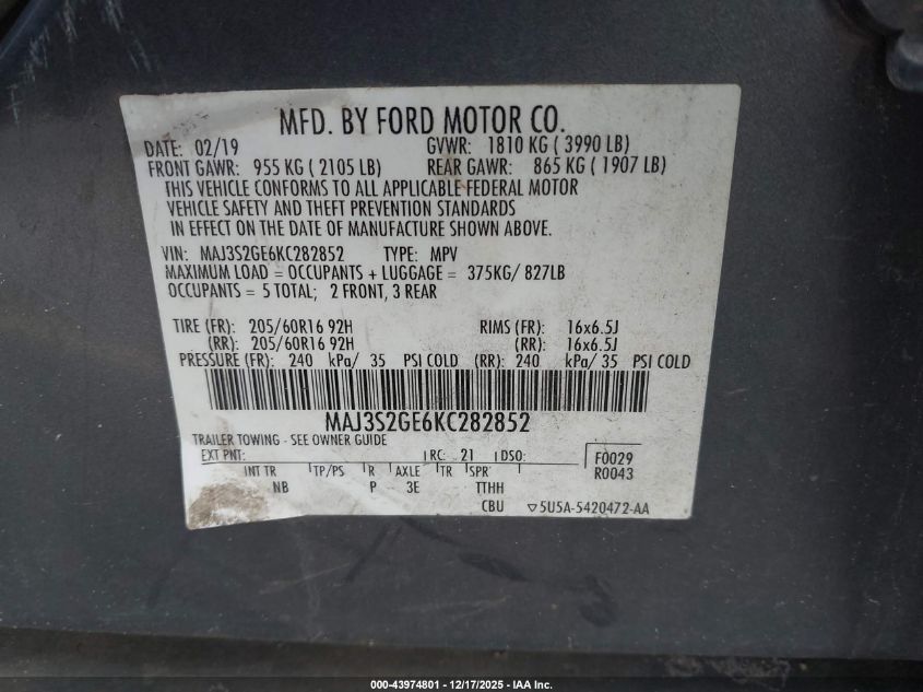 2019 Ford Ecosport Se VIN: MAJ3S2GE6KC282852 Lot: 43974801