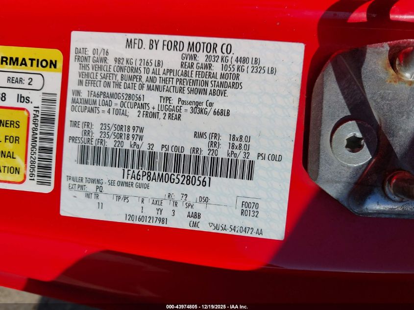 2016 Ford Mustang V6 VIN: 1FA6P8AM0G5280561 Lot: 43974805