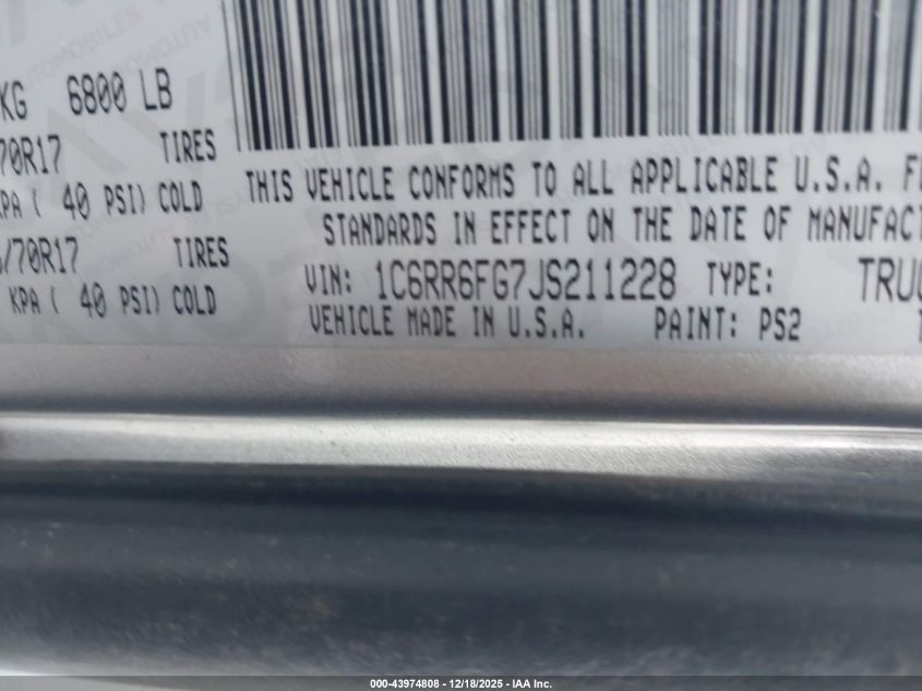 2018 Ram 1500 Express 4X2 6'4 Box VIN: 1C6RR6FG7JS211228 Lot: 43974808