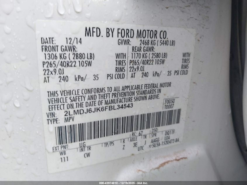 2015 Lincoln Mkx VIN: 2LMDJ6JK6FBL34543 Lot: 43974810
