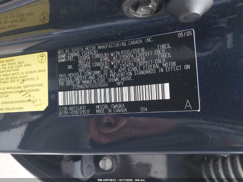 2005 Lexus Rx 330 VIN: 2T2HA31U15C076564 Lot: 43974812