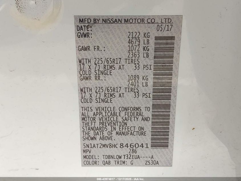 2017 Nissan Rogue Sv VIN: 5N1AT2MV8HC846041 Lot: 43974817