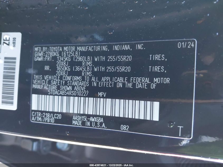 2024 Toyota Grand Highlander Hybrid Limited VIN: 5TDACAB54RS010227 Lot: 43974821