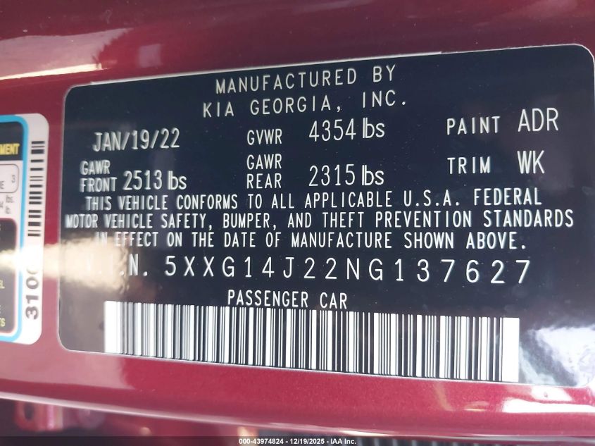 2022 Kia K5 Lxs VIN: 5XXG14J22NG137627 Lot: 43974824