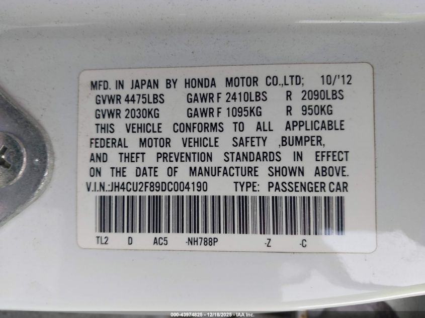 2013 Acura Tsx 2.4 VIN: JH4CU2F89DC004190 Lot: 43974825