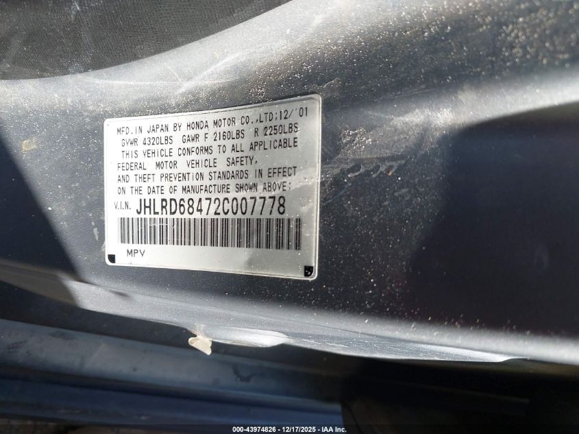 2002 Honda Cr-V Lx VIN: JHLRD68472C007778 Lot: 43974826