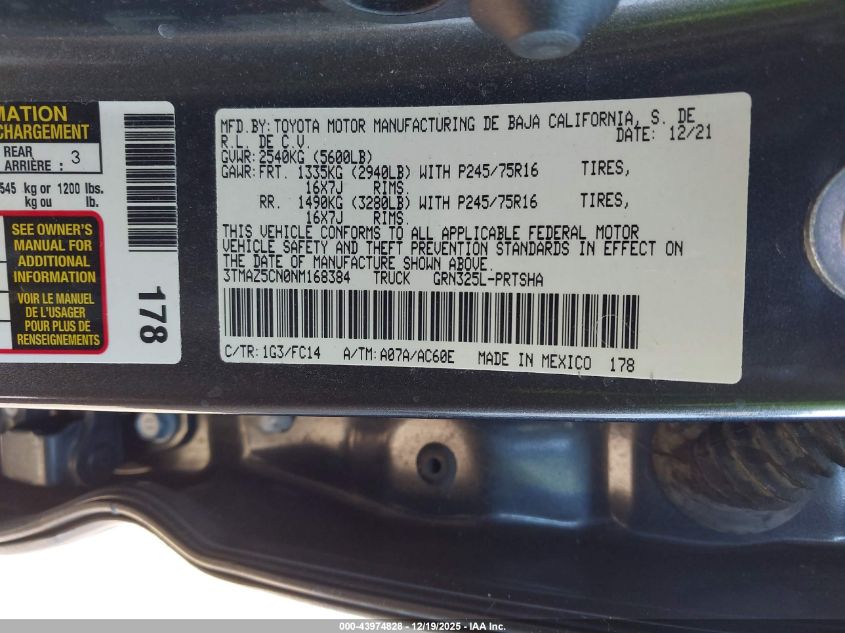 2022 Toyota Tacoma Sr5 V6 VIN: 3TMAZ5CN0NM168384 Lot: 43974828