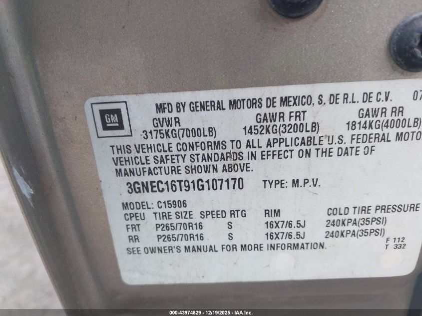 2001 Chevrolet Suburban 1500 Lt VIN: 3GNEC16T91G107170 Lot: 43974829