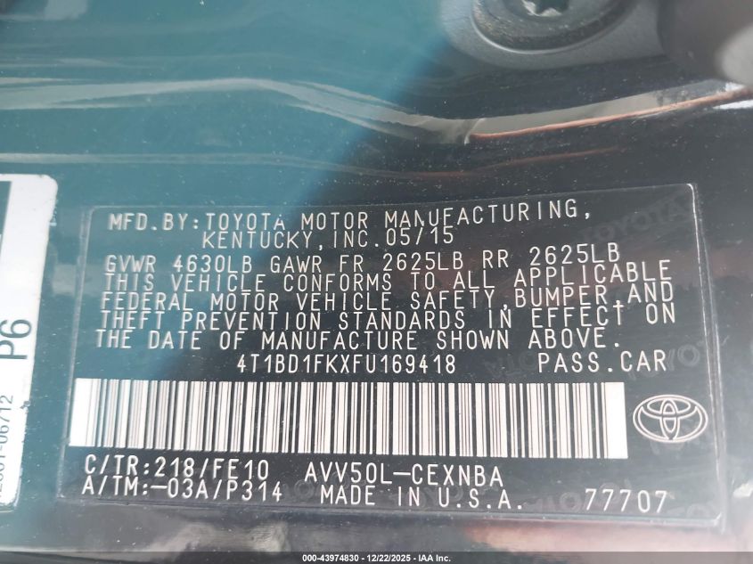 2015 Toyota Camry Hybrid Le VIN: 4T1BD1FKXFU169418 Lot: 43974830