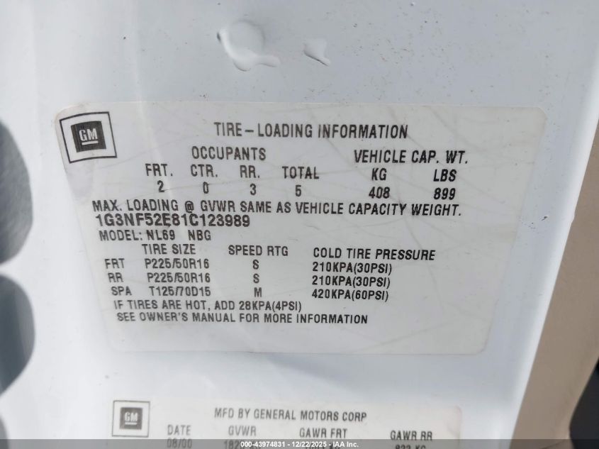 2001 Oldsmobile Alero Gls VIN: 1G3NF52E81C123989 Lot: 43974831