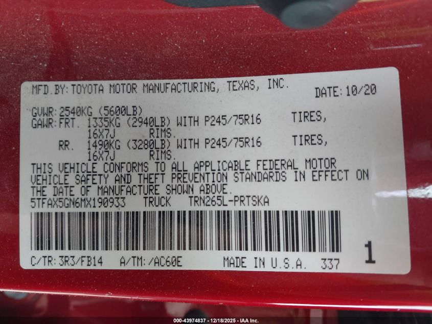 2021 Toyota Tacoma Sr VIN: 5TFAX5GN6MX190933 Lot: 43974837