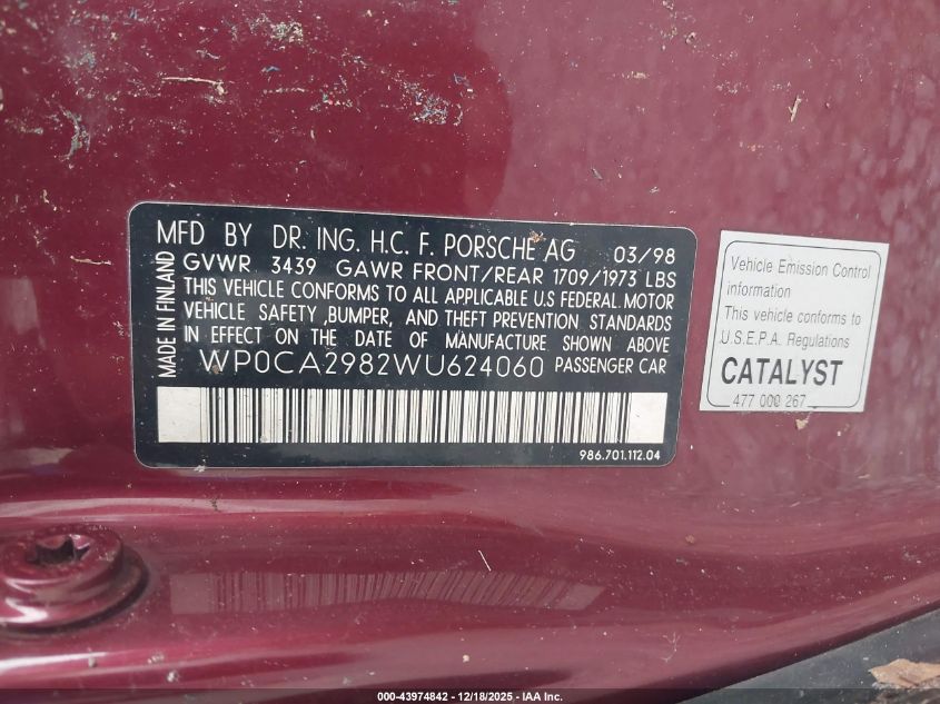 1998 Porsche Boxster VIN: WP0CA2982WU624060 Lot: 43974842