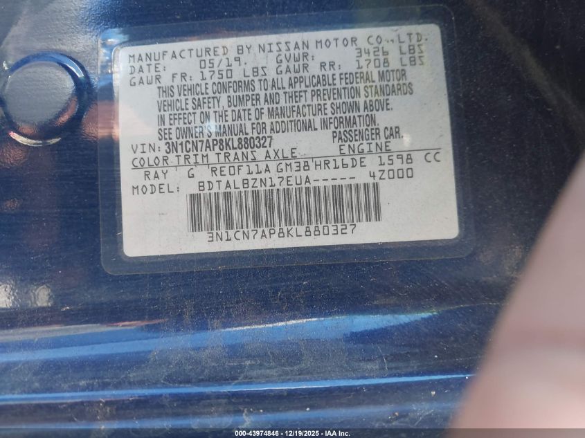 2019 Nissan Versa 1.6 Sv VIN: 3N1CN7AP8KL880327 Lot: 43974846