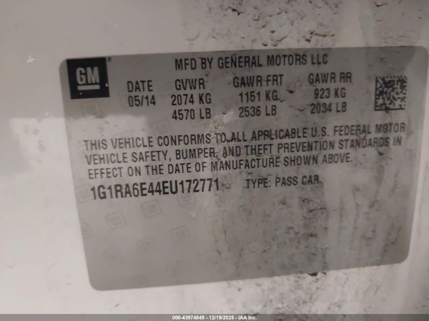 2014 Chevrolet Volt VIN: 1G1RA6E44EU172771 Lot: 43974849