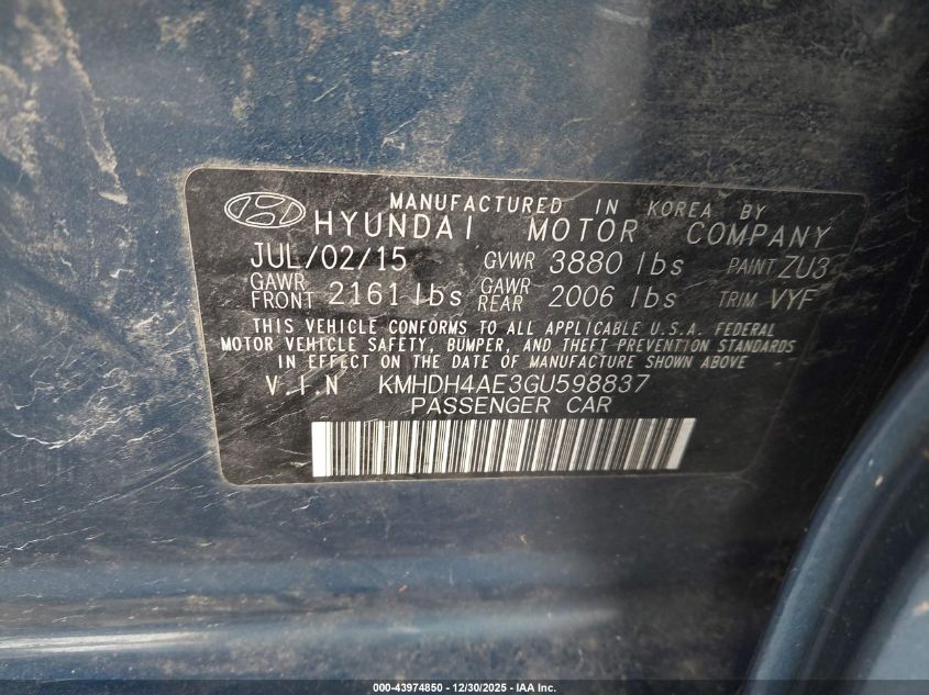 2016 Hyundai Elantra Se VIN: KMHDH4AE3GU598837 Lot: 43974850