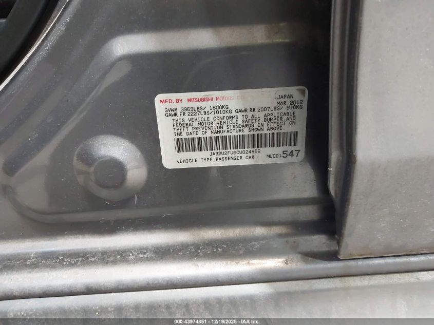 2012 Mitsubishi Lancer Es VIN: JA32U2FU6CU024852 Lot: 43974851